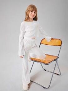 SHEIN Girls Sequin Top & Flare Leg Trousers - White - View 3