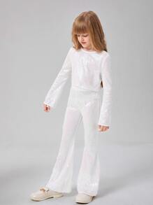 SHEIN Girls Sequin Top & Flare Leg Trousers - White - View 4
