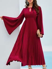 Mulvari 鎖眼領荷葉袖百褶連衣裙 - 酒紅色 - 查看 1