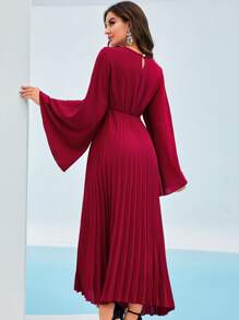 Mulvari 鎖眼領荷葉袖百褶連衣裙 - 酒紅色 - 查看 2