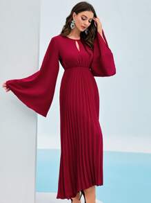 Mulvari 鎖眼領荷葉袖百褶連衣裙 - 酒紅色 - 查看 3