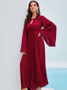 Mulvari 鎖眼領荷葉袖百褶連衣裙 - 酒紅色 - 查看 4