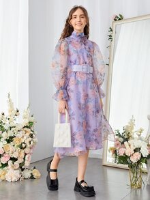 SHEIN Đầm Gái Thắt lưng Nơ Bướm Hoa Hấp dẫn - Nhiều màu - Xem 3