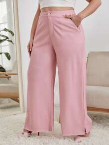 Becci Plus Slant Pockets Slit Hem Wide Leg Trousers - Baby Pink - View 1