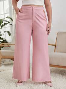 Becci Plus Slant Pockets Slit Hem Wide Leg Trousers - Baby Pink - View 3