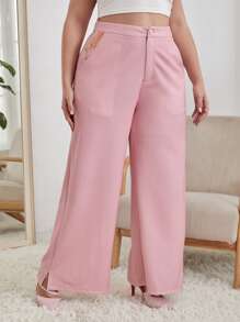 Becci Plus Slant Pockets Slit Hem Wide Leg Trousers - Baby Pink - View 5