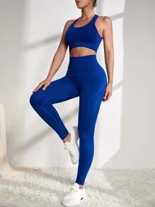 Conjunto deportivo con estiramiento alto de espalda nadador - azul real - Ver 1