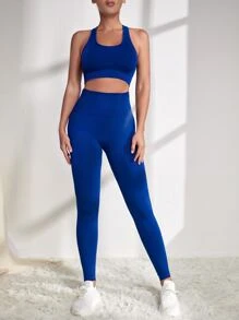 Conjunto deportivo con estiramiento alto de espalda nadador - azul real - Ver 4