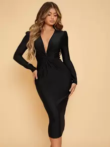 SHEIN Belle Đầm xoắn lại màu trơn Thanh lịch - màu đen - Xem 3