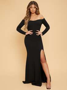 SHEIN SXY Off Shoulder Split Hem Dress - Black - View 1