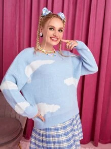 SHEIN EZwear 大碼雲朵圖案落肩袖套頭毛衣 - 藍色 - 查看 1
