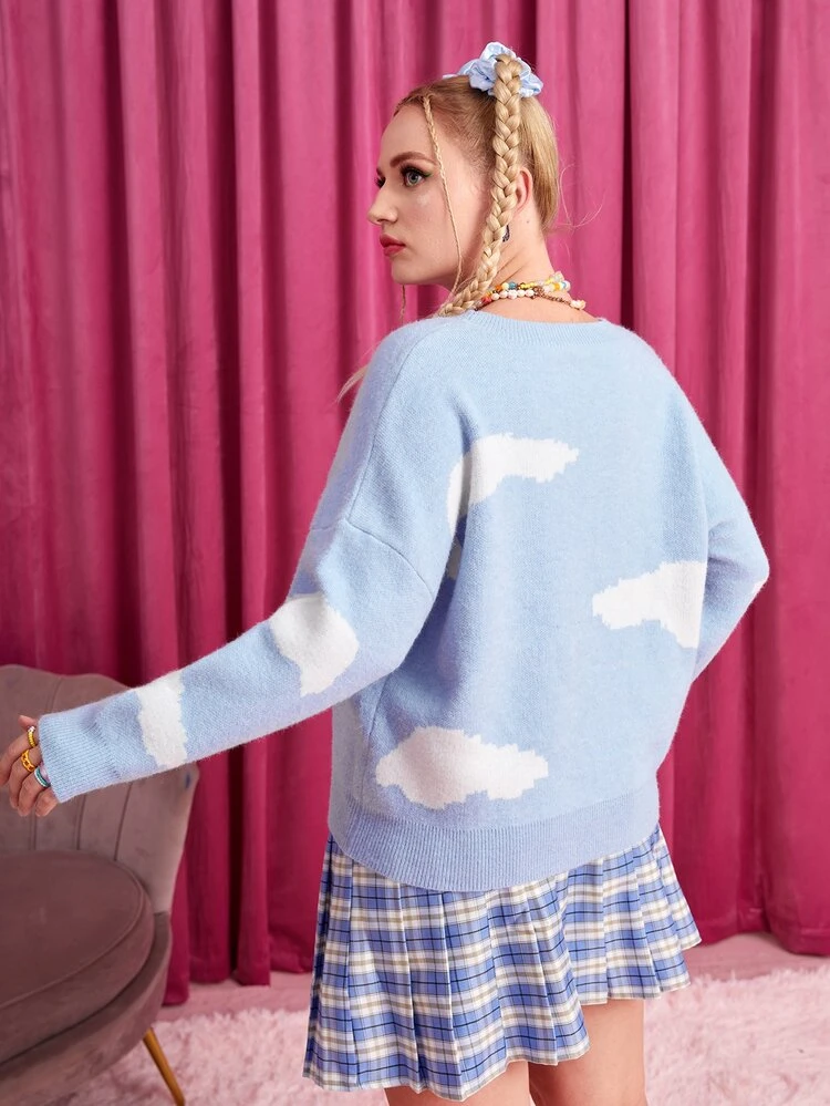 Plus Cloud Pattern Drop Shoulder Sweater