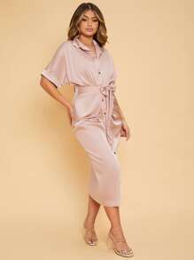 SHEIN SXY Roll Cuff Batwing Sleeve Knot Front Satin Bodycon Dress - Dusty Pink - View 1