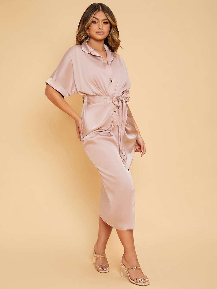 SHEIN SXY 捲邊袖口蝙蝠袖前結飾緞面緊身洋裝 - 藕粉色 - 查看 1