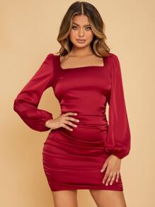 SHEIN SXY Đầm Xù Dây kéo màu trơn Hấp dẫn - Màu Đỏ Sâu - Xem 1