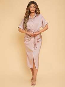 SHEIN SXY Roll Cuff Batwing Sleeve Knot Front Satin Bodycon Dress - Dusty Pink - View 3