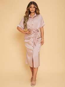 SHEIN SXY Roll Cuff Batwing Sleeve Knot Front Satin Bodycon Dress - Dusty Pink - View 4