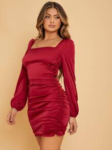 SHEIN SXY Đầm Xù Dây kéo màu trơn Hấp dẫn - Màu Đỏ Sâu - Xem 4