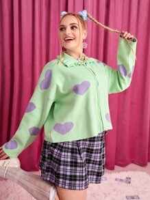 SHEIN Qutie Plus Heart Pattern Frill Trim Drop Shoulder Zipper Cardigan - Mint Green - View 1