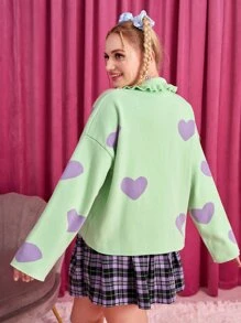 SHEIN Qutie Plus Heart Pattern Frill Trim Drop Shoulder Zipper Cardigan - Mint Green - View 2