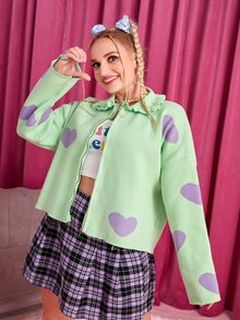 SHEIN Qutie Plus Heart Pattern Frill Trim Drop Shoulder Zipper Cardigan - Mint Green - View 4
