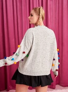 SHEIN MOD Plus Keyhole Neck Pom Pom Sweater - Light Grey - View 2