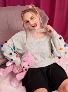 SHEIN MOD Plus Keyhole Neck Pom Pom Sweater - Light Grey - View 4