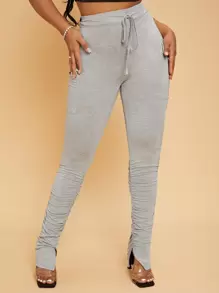 SHEIN SXY Drawstring Waist Flap Pocket Ruched Split Hem Pants - Light Grey - View 1