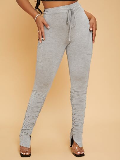 SHEIN SXY Drawstring Waist Flap Pocket Ruched Split Hem Pants