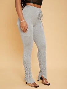 SHEIN SXY Drawstring Waist Flap Pocket Ruched Split Hem Pants - Light Grey - View 3