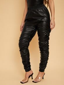 SHEIN 褶皺PU皮革蘿蔔褲 - 黑色 - 查看 3