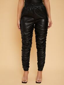 SHEIN 褶皺PU皮革蘿蔔褲 - 黑色 - 查看 4
