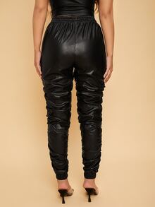 SHEIN 褶皺PU皮革蘿蔔褲 - 黑色 - 查看 6