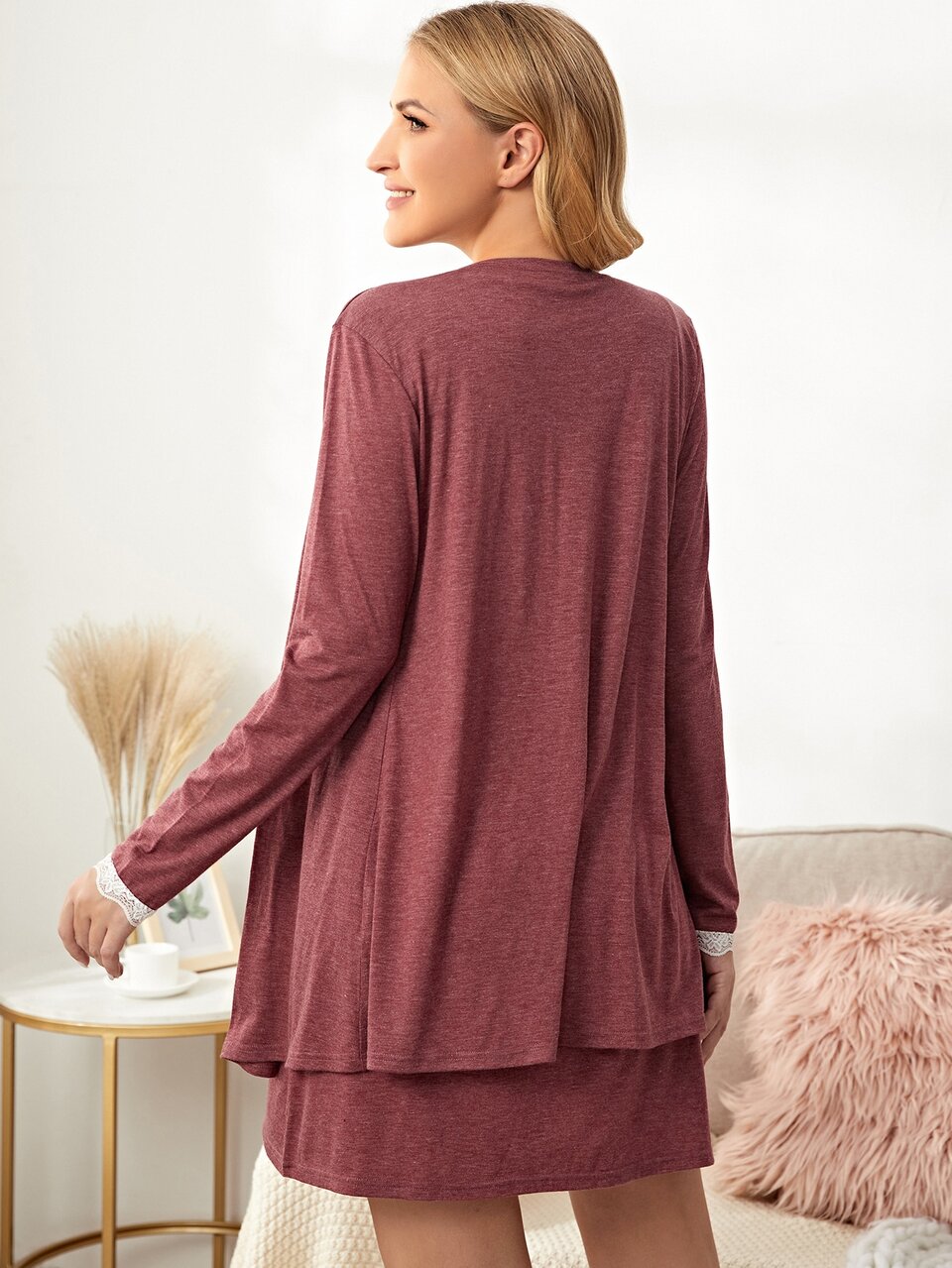 Maternity Lace Trim Open Front Robe & Dress PJ Set