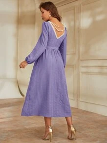 Modelyn Pearls Chain Back Frill Trim Belted Dress - Purple - View 1
