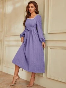 Modelyn Pearls Chain Back Frill Trim Belted Dress - Purple - View 2