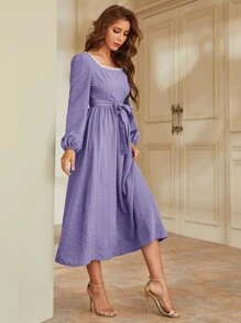 Modelyn Pearls Chain Back Frill Trim Belted Dress - Purple - View 5