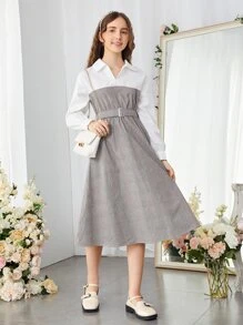 SHEIN 青少年女孩格子拼接繫腰帶連衣裙 - 彩色 - 查看 1