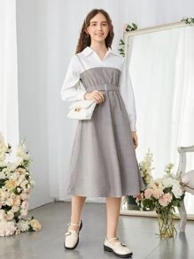 SHEIN 青少年女孩格子拼接繫腰帶連衣裙 - 彩色 - 查看 4