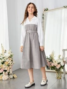 SHEIN 青少年女孩格子拼接繫腰帶連衣裙 - 彩色 - 查看 5