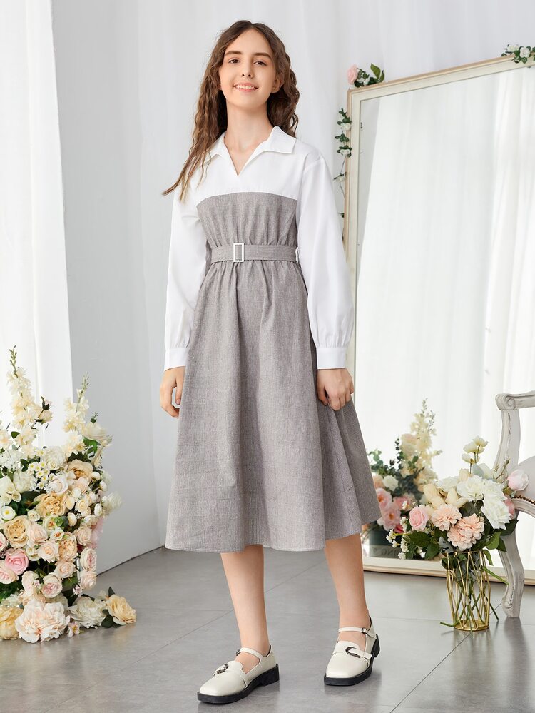Teen Girls Plaid Panel Belted Dress