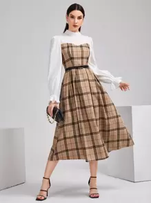 SHEIN Privé 棉格紋荷葉袖小高領褶皺下擺洋裝不附腰帶工作服