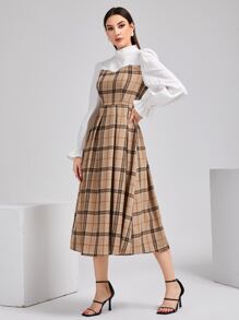 SHEIN Privé 棉格紋荷葉袖小高領褶皺下擺洋裝不附腰帶工作服