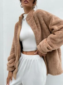 SHEIN EZwear 拉鏈開襟落肩袖法蘭絨外套 - 駝色 - 查看 1