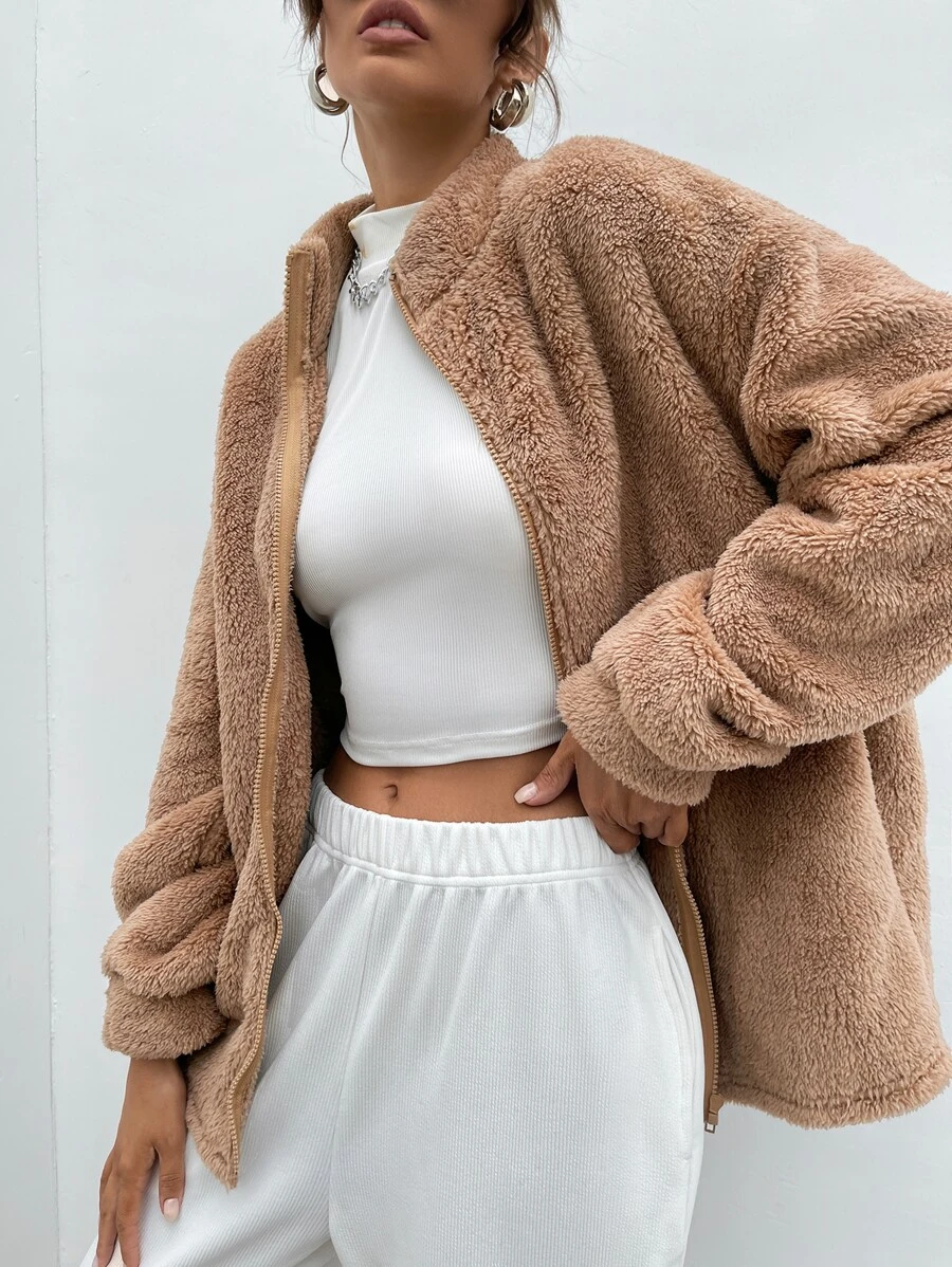 SHEIN EZwear 拉鏈開襟落肩袖法蘭絨外套 - 駝色 - 查看 1