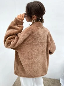 SHEIN EZwear 拉鏈開襟落肩袖法蘭絨外套 - 駝色 - 查看 2