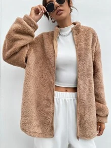 SHEIN EZwear 拉鏈開襟落肩袖法蘭絨外套 - 駝色 - 查看 3