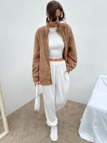 SHEIN EZwear 拉鏈開襟落肩袖法蘭絨外套 - 駝色 - 查看 4