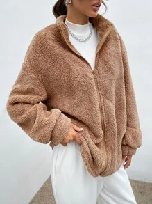 SHEIN EZwear 拉鏈開襟落肩袖法蘭絨外套 - 駝色 - 查看 5