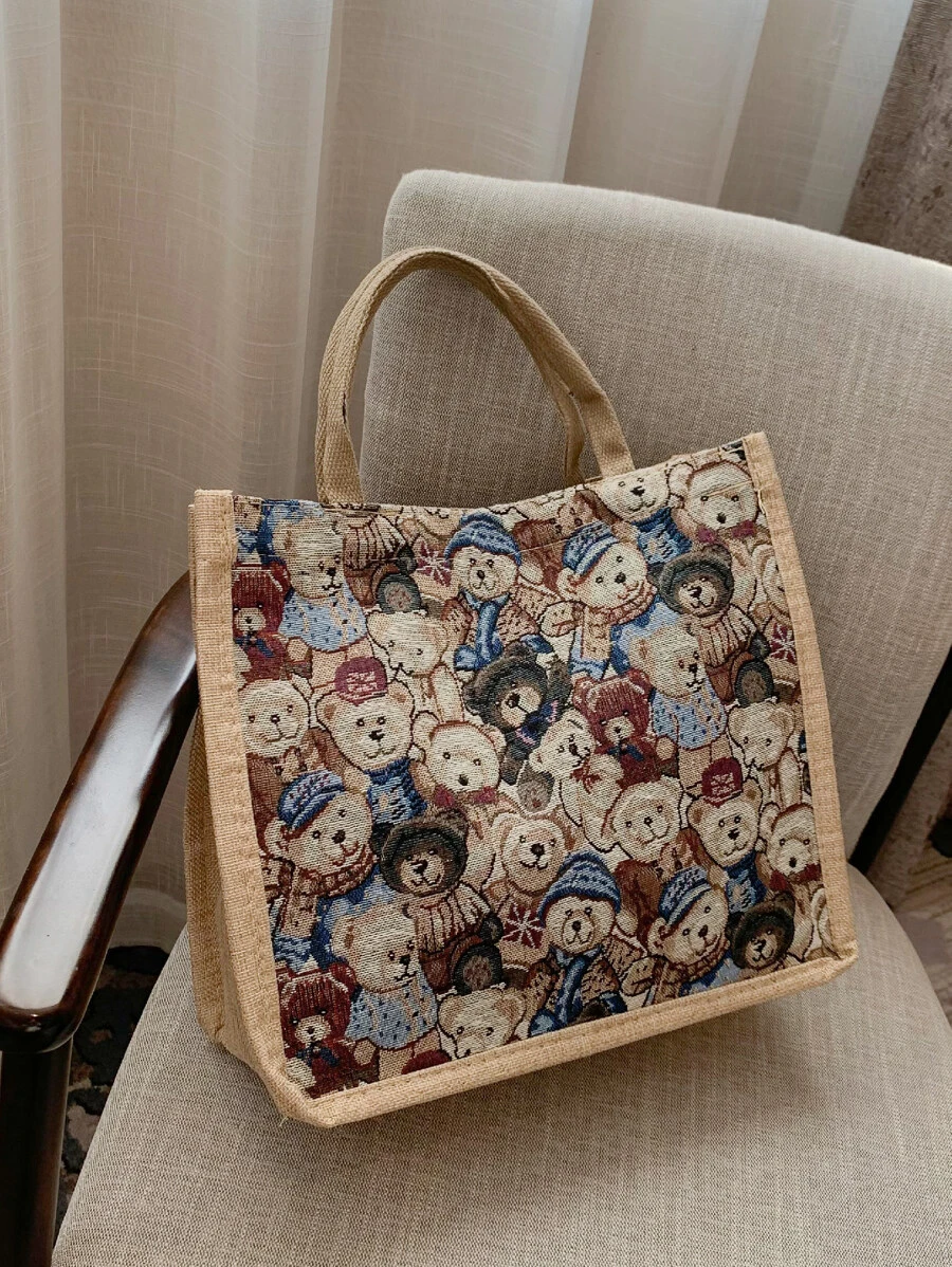 卡通图案购物袋书包、学校书包、大容量、轻便、便携，适合少女、女大学生、白领，非常适合返校、大学、工作、商务、通勤、购物 - 彩色 - 查看 1